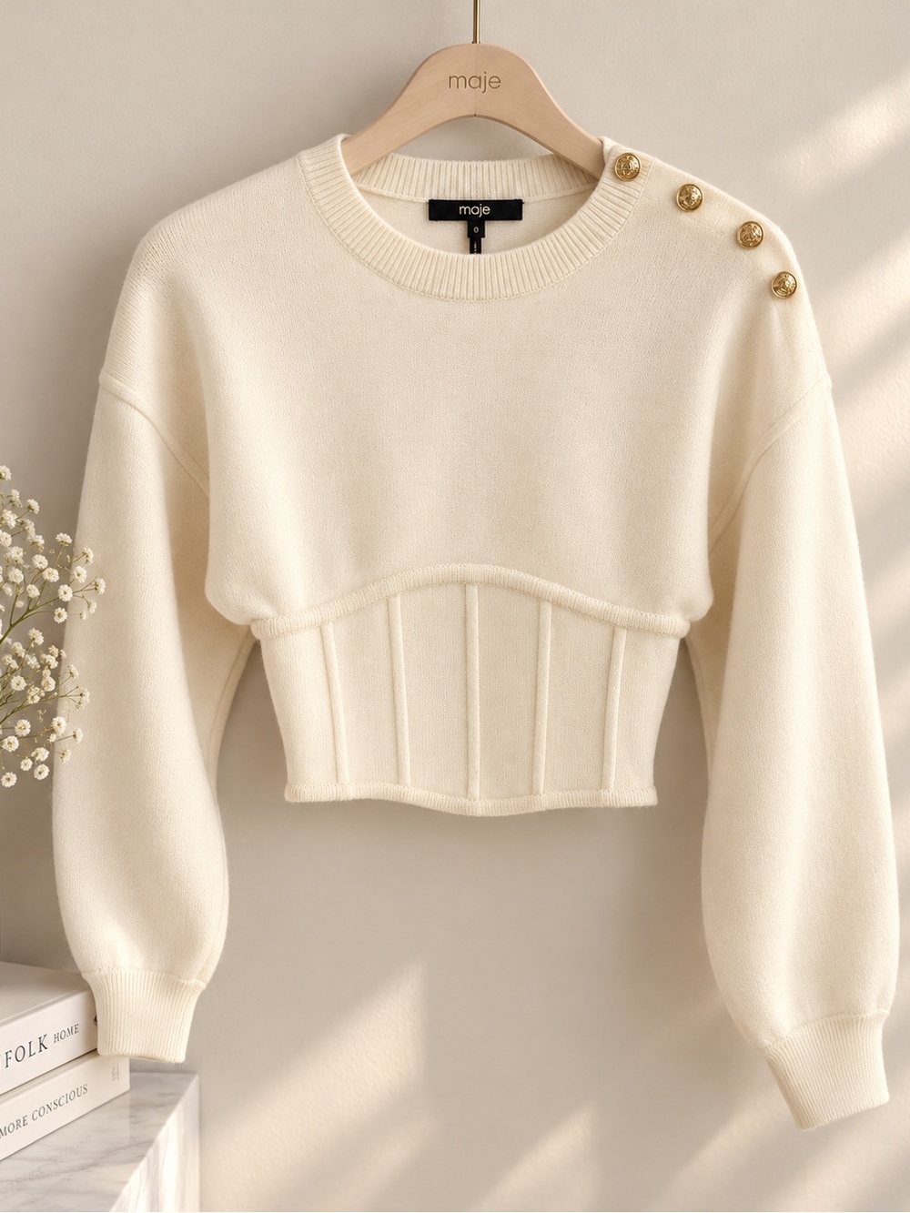 Maje Cream Cropped Crew Sweater with Gold Shoulder Buttons Size 0
